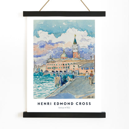 Venice waterfront artwork by Henri Edmond Cross featuring vibrant historic buildings and colorful sky poster, with wooden magnetic frame on white background