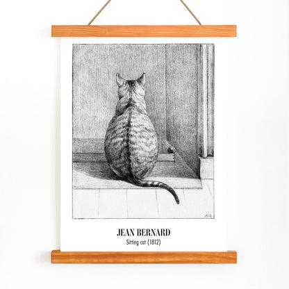 Detailed drawing poster of a sitting cat viewed from behind in a room artwork by Jean Bernard titled Sitting cat from behind, with wooden magnetic frame on white background