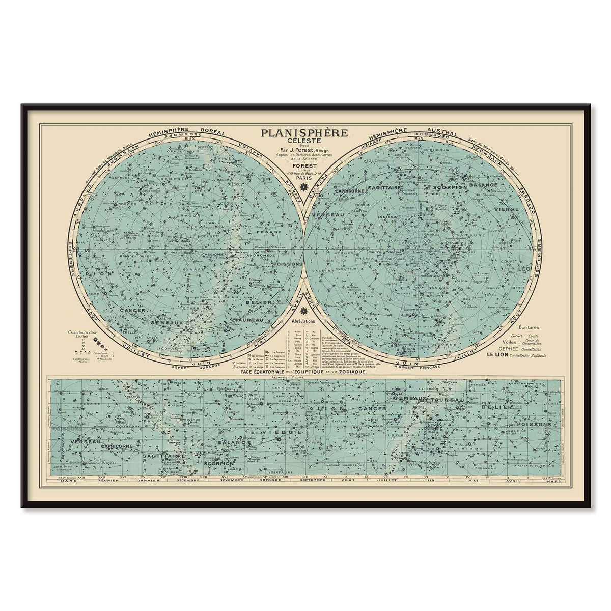 Joseph Forest Celestial planisphere poster with twin star hemispheres, constellation markings, and vintage teal scientific map, with black aluminium frame on white background
