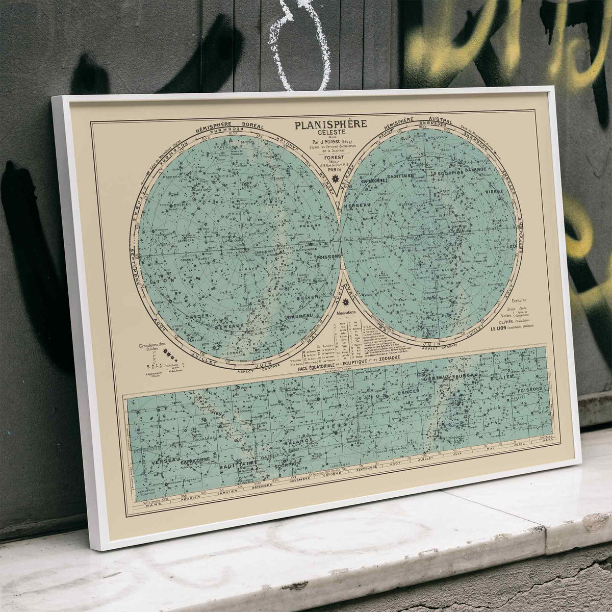 Joseph Forest Celestial planisphere poster with twin star hemispheres, constellation markings, and vintage teal scientific map, framed and displayed in home decor