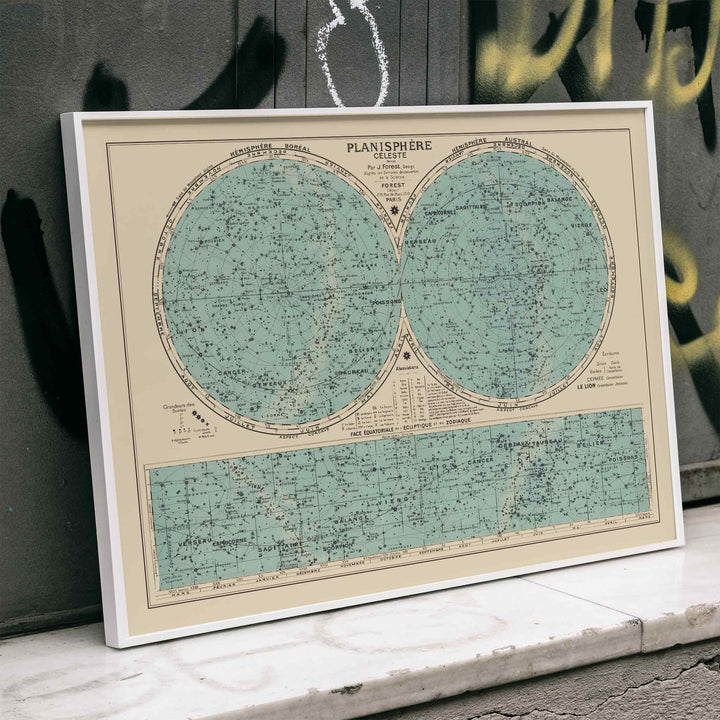 Joseph Forest Celestial planisphere poster with twin star hemispheres, constellation markings, and vintage teal scientific map, framed and displayed in home decor