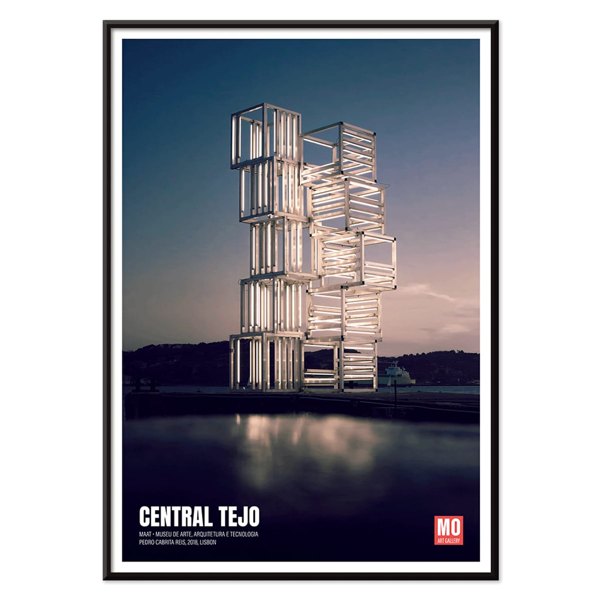 Central Tejo by Pedro Cabrita Reis at Mo Art Gallery Lisbon illuminated architectural sculpture and modern structure poster, with black aluminium frame on white background