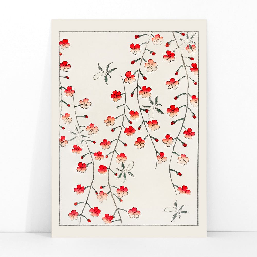 Cherry blossom branches and red flowers artwork by Watanabe Seitei from Bijutsu Sekai Japanese poster illustration, framed and displayed in modern living room decor
