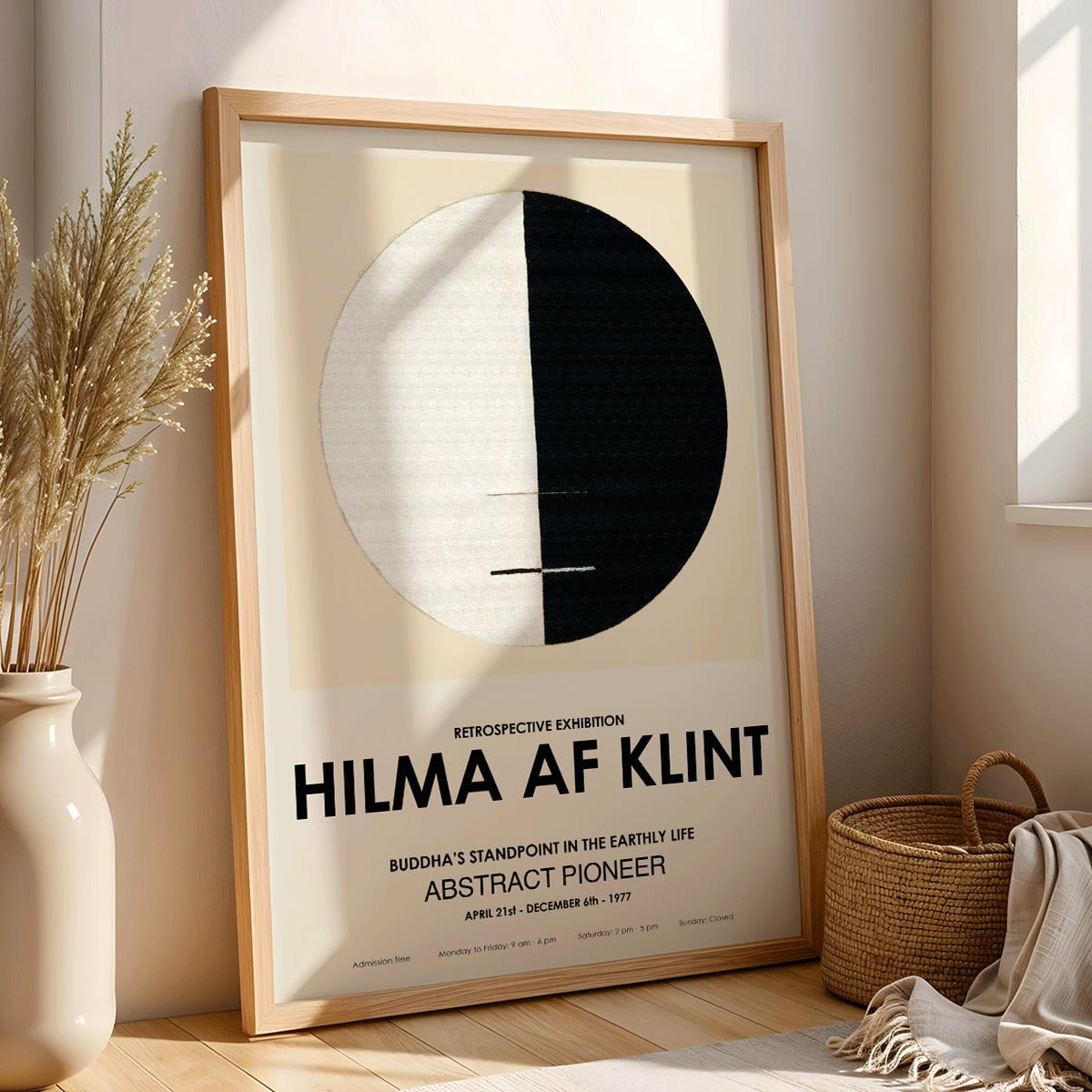 Exhibition poster Buddhas Standpoint in the Earthly Life by Hilma Af Klint featuring abstract black and white circle design artwork, framed and displayed in modern living room decor