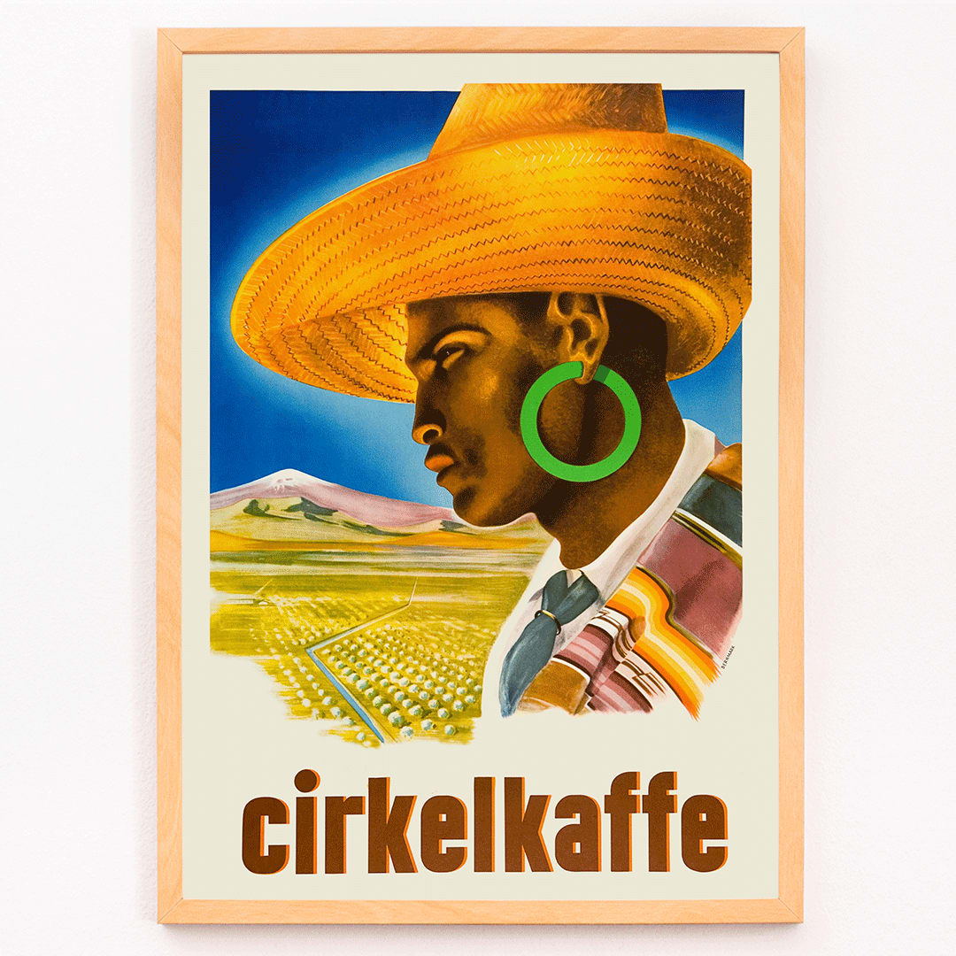 Cirkelkaffe by J Olsens poster featuring a person in a large hat with green earrings and a scenic landscape agricultural background, framed and displayed in modern living room decor