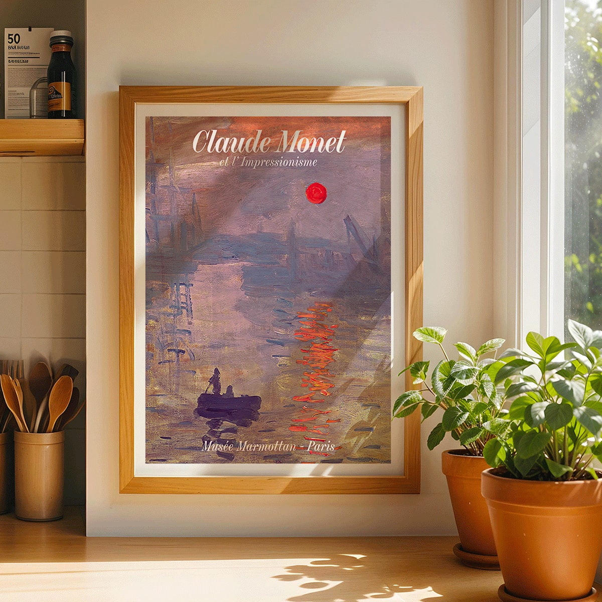 Claude Monet Soleil Levan exhibition poster vibrant impressionist artwork with red sun over water, framed and displayed in modern living room decor