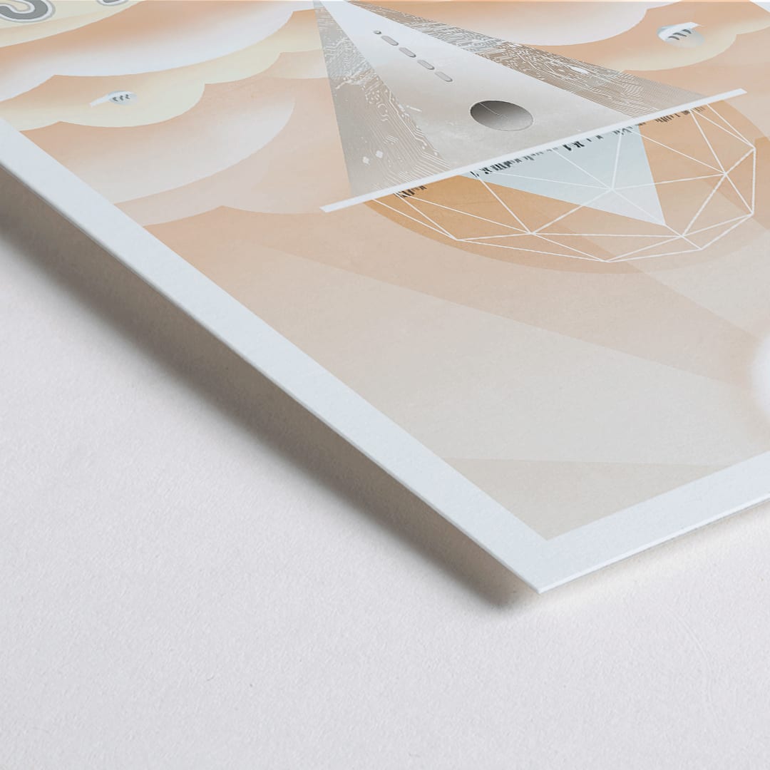 Closeup detail of Futuristic observatory floating above orange Venus clouds artwork by NASA titled Venus Cloud 9 Observatory poster