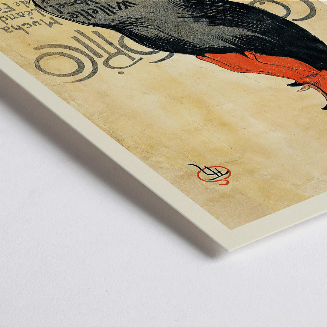 Closeup detail of Black rooster with red comb and text promoting Cocorico by Theophile Alexandre Steinlen on yellow background illustration poster