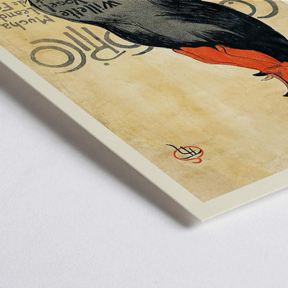 Closeup detail of Black rooster with red comb and text promoting Cocorico by Theophile Alexandre Steinlen on yellow background illustration poster