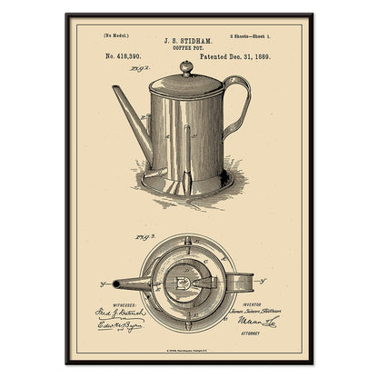Patent illustration poster of a coffee pot by JS Stidham with detailed technical drawings, with black aluminium frame on white background