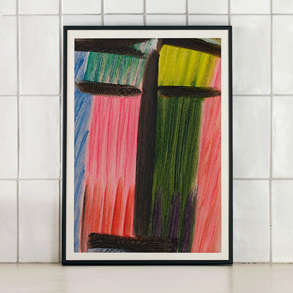 Abstract painting in bold colors with vertical and horizontal brushstrokes titled Meditation by Alexej von Jawlensky, framed and displayed in modern living room decor