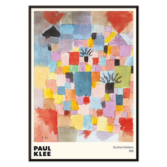 Colorful abstract painting Southern Gardens by Paul Klee featuring vibrant geometric blocks and shapes poster artwork, with black aluminium frame on white background
