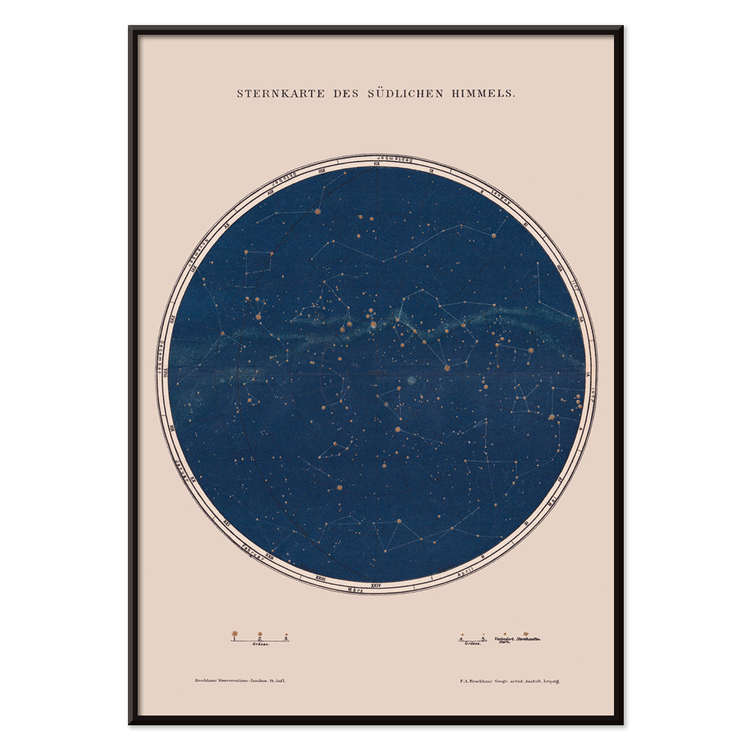 Carte des constellations star map and detailed constellation poster by The Institute of Liepzig southern sky artwork, with black aluminium frame on white background