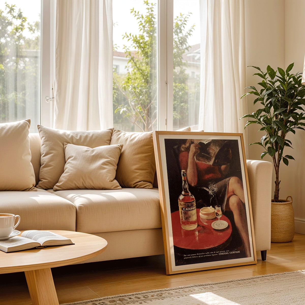 Cordial Campari vintage posters by Miroglio and Nizzoli featuring women relaxing with drinks magazines and bottles, framed and displayed in modern living room decor