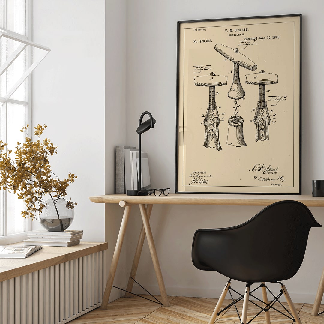 Corkscrew Patent by TM Strait technical drawing and signature poster featuring detailed diagrams and specifications of corkscrew invention, framed and displayed in home decor
