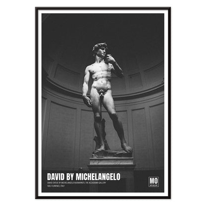 Michelangelo Buonarroti David sculpture and poster at Mo Art Gallery Florence, with black aluminium frame on white background