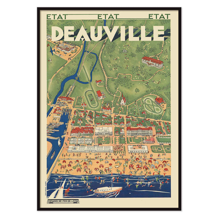 Deauville railway travel poster vintage coastal resort map with beaches boats waterways and countryside, with black aluminium frame on white background