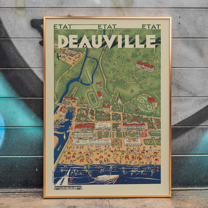 Deauville railway travel poster vintage coastal resort map with beaches boats waterways and countryside, framed and displayed in home decor