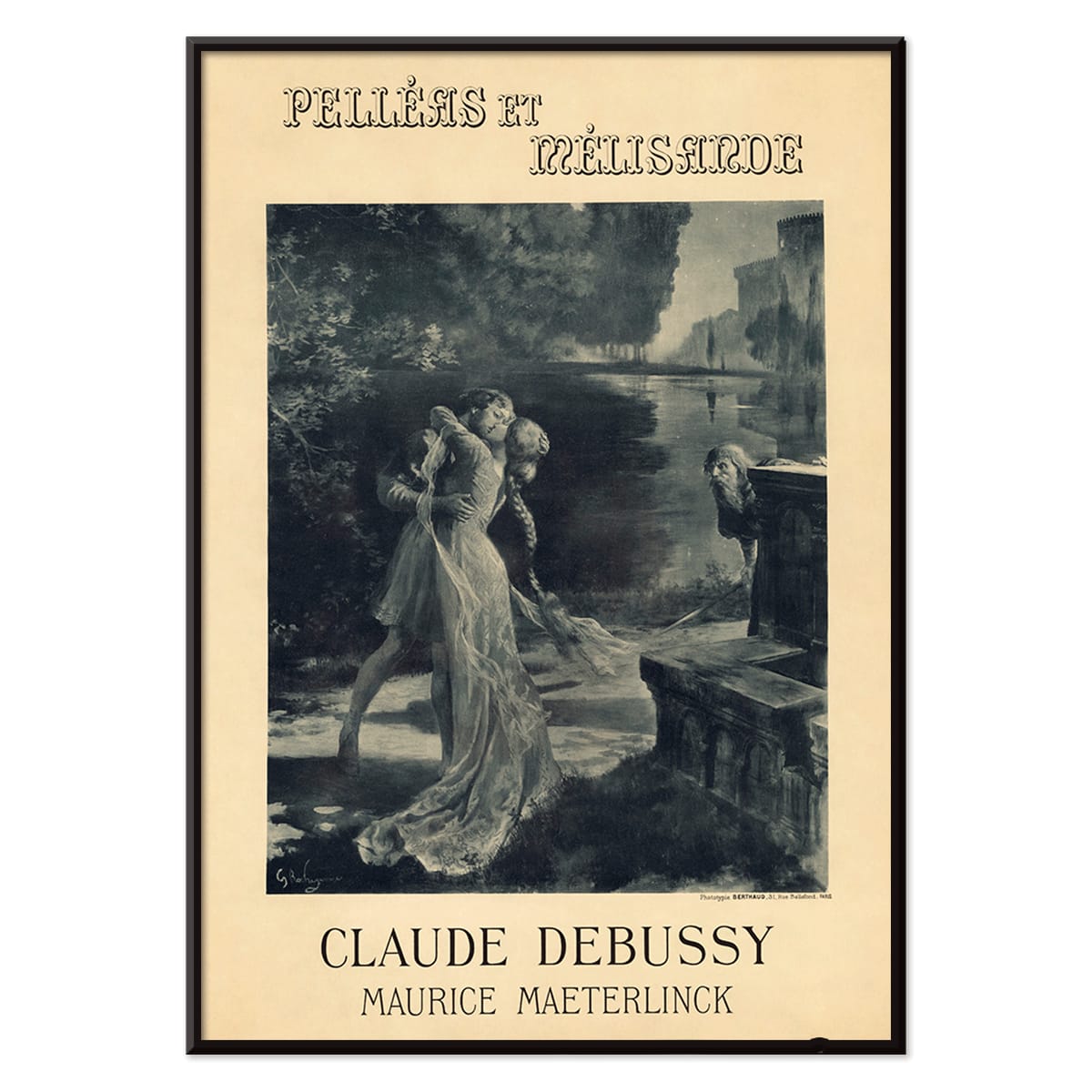 Artistic poster for Claude Debussy and Maurice Maeterlincks Pelleas et Melisande at Theatre de lOpera Comique featuring characters by a river for the premiere, with black aluminium frame on white background