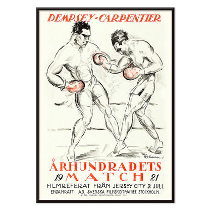 Boxing Match of the Century Dempsey Vs Carpentier illustration and poster by Eric Rohman showing two boxers mid fight with Swedish text, with black aluminium frame on white background