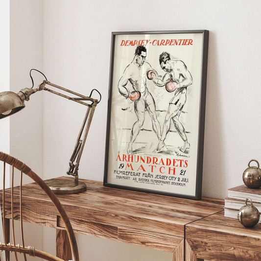 Boxing Match of the Century Dempsey Vs Carpentier illustration and poster by Eric Rohman showing two boxers mid fight with Swedish text, framed and displayed in home decor