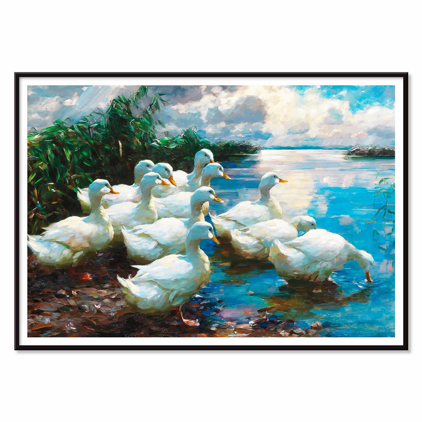 White ducks by a lake with greenery and blue sky artwork inspired by Alexander Koester, with black aluminium frame on white background