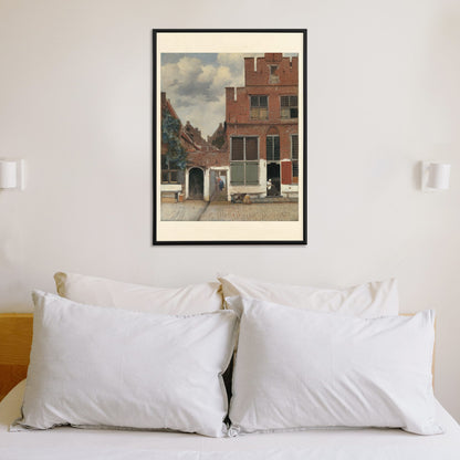 Poster of a charming street scene with brick houses and figures from View of Houses in Delft The Little Street by Johannes Vermeer, framed and displayed in home decor