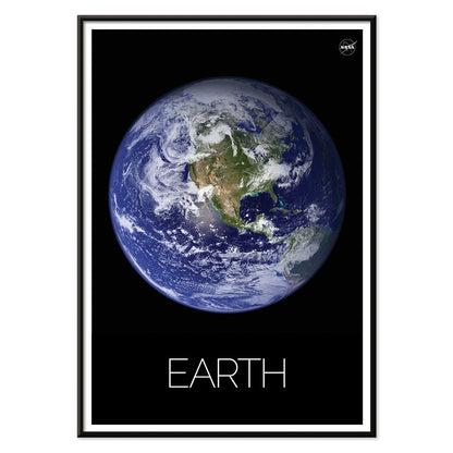 Stunning NASA image of Earth from space titled Earth from Space 1 on a black background poster, with black aluminium frame on white background