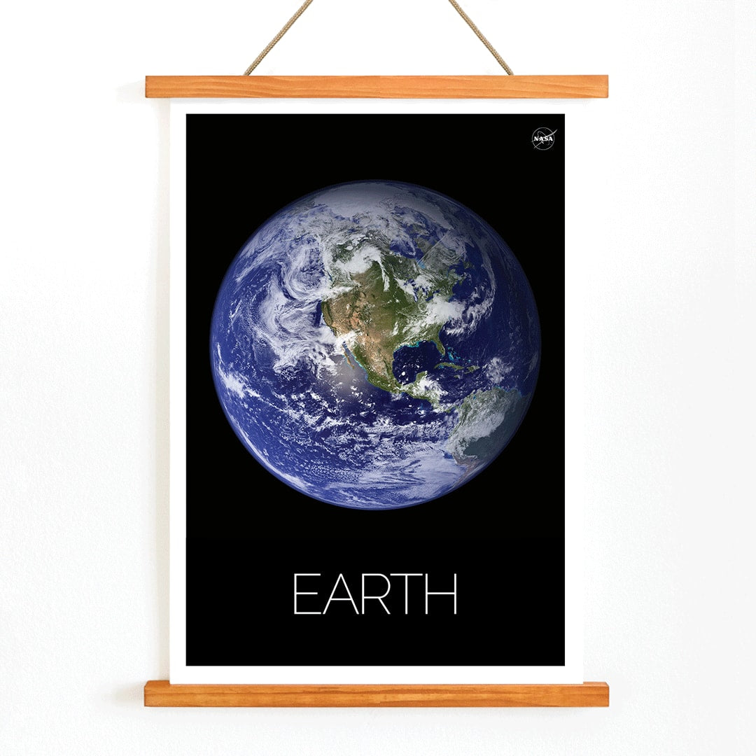 Stunning NASA image of Earth from space titled Earth from Space 1 on a black background poster, with wooden magnetic frame on white background