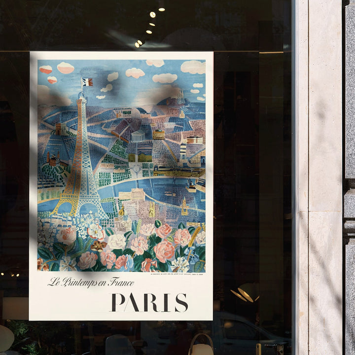 Le Printemps en France by Raoul Dufy Paris Eiffel Tower and flowers artwork poster, framed and displayed in modern living room decor
