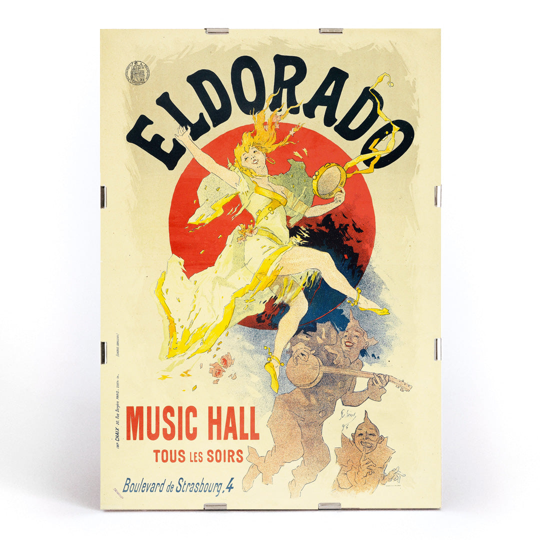 Colorful cabaret poster of Eldorado Music Hall by Jules Cheret showing a lively dancing woman in yellow with musicians and bold colorful graphics, framed and displayed in modern living room decor