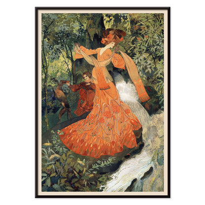 Elegant woman in ornate orange dress by a stream in lush forest featured in Elegante Pres D une Source by Georges de Feure art poster, with black aluminium frame on white background