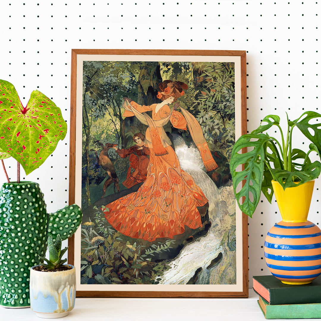 Elegant woman in ornate orange dress by a stream in lush forest featured in Elegante Pres D une Source by Georges de Feure art poster, framed and displayed in home decor
