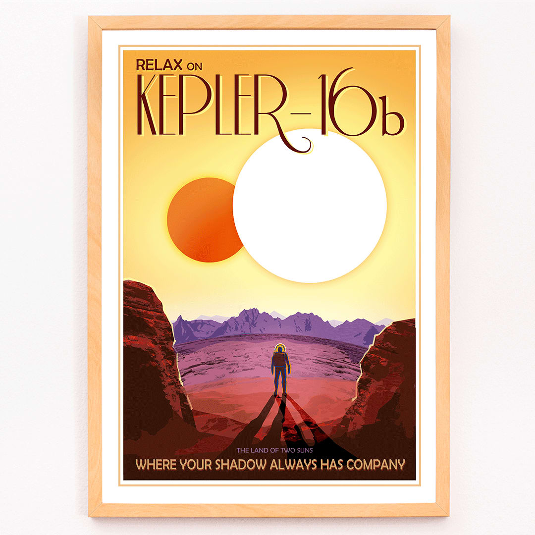 Astronaut on rocky alien landscape with twin suns in the sky Relax on Kepler-16b NASA space poster, framed and displayed in modern living room decor