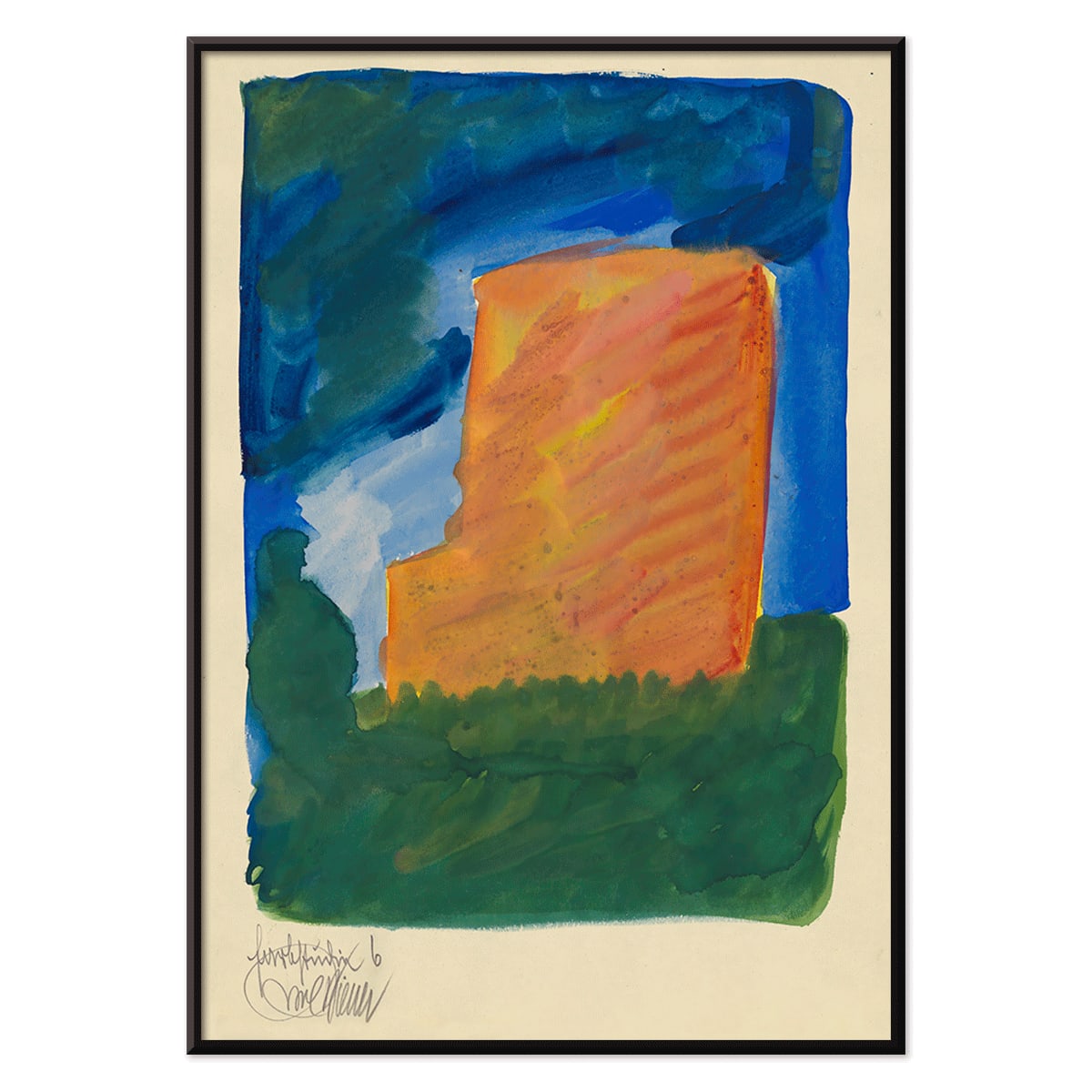 Abstract painting with vibrant blue and orange hues by Karl Wiener titled Farbstudien 10 Blätter VI poster, with black aluminium frame on white background