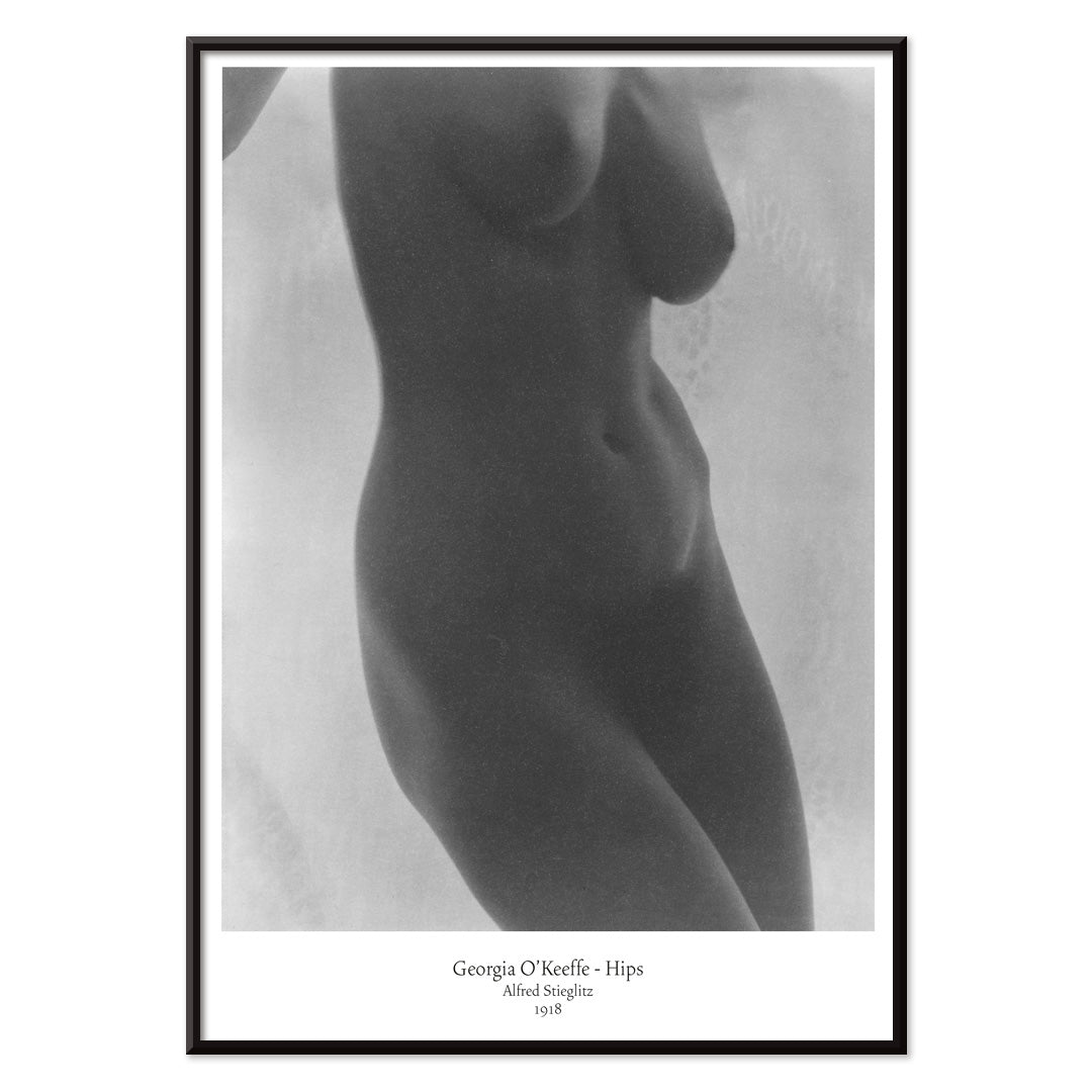 Black and white nude portrait of Georgia O Keeffe Hips by Alfred Stieglitz featuring torso photographic study poster, with black aluminium frame on white background