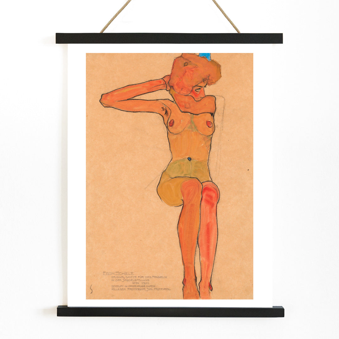 Seated female nude in expressive style Mädchenakt Gertrude by Egon Schiele poster featuring a nude figure in a seated pose with expressive lines and color, with wooden magnetic frame on white background