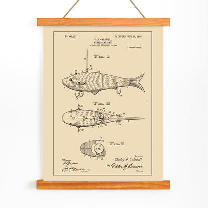Artificial Bait Patent by C D Caldwell detailed vintage fish lure illustration and mechanical design poster artwork, with wooden magnetic frame on white background