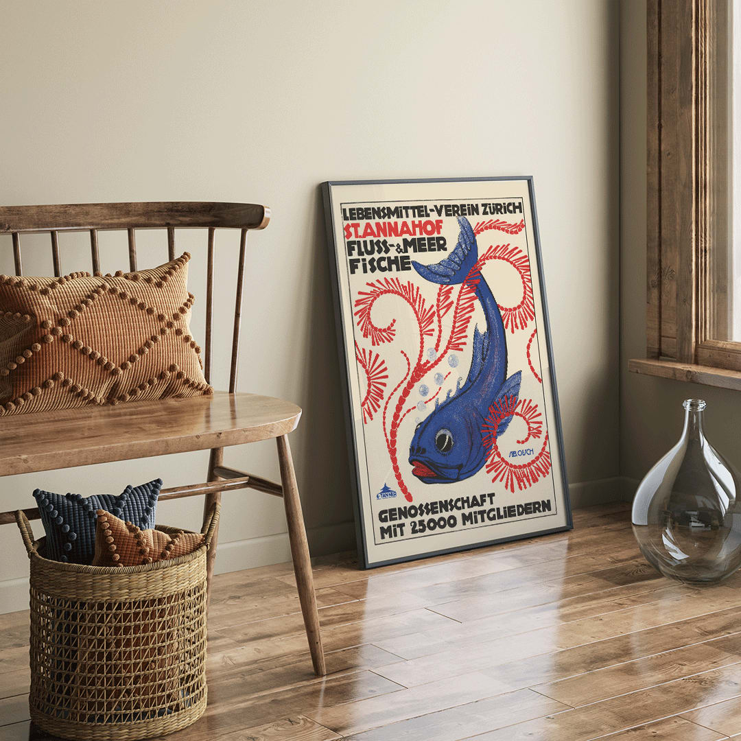 Colorful fish poster with bubbles red seaweed and blue fish with red swirls bold text Food Association Zurich river and sea fish by Sebastian Oesch, framed and displayed in home decor