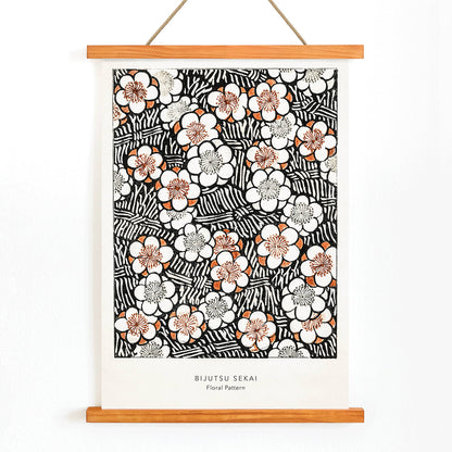 Floral pattern artwork by Watanabe Seitei from Bijutsu Sekai in traditional Kacho-ga style featuring intricate white and orange flowers and leaves poster, with wooden magnetic frame on white background