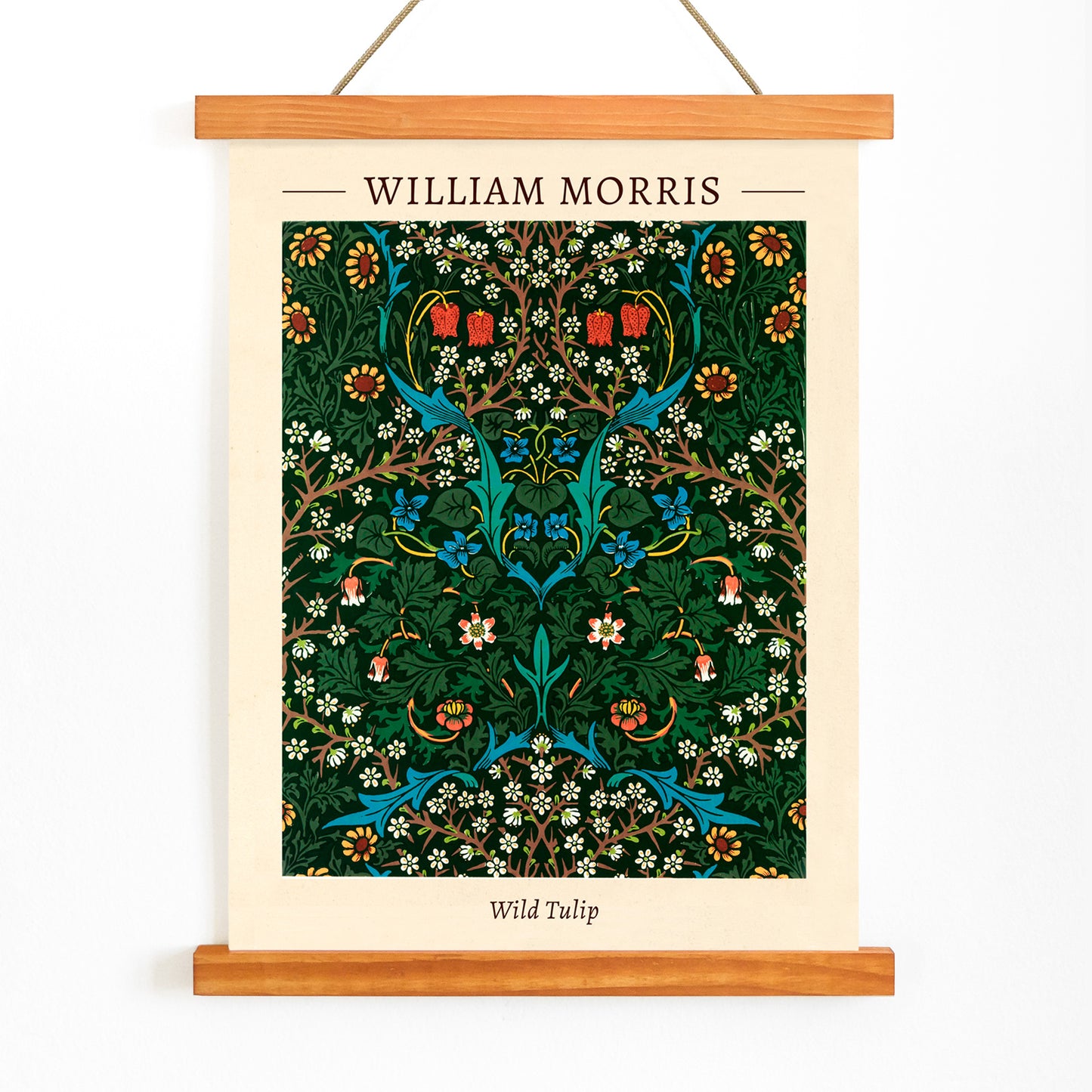 Wild Tulip floral patterned artwork poster by William Morris featuring intricate green blue and red designs for wall decor, with wooden magnetic frame on white background