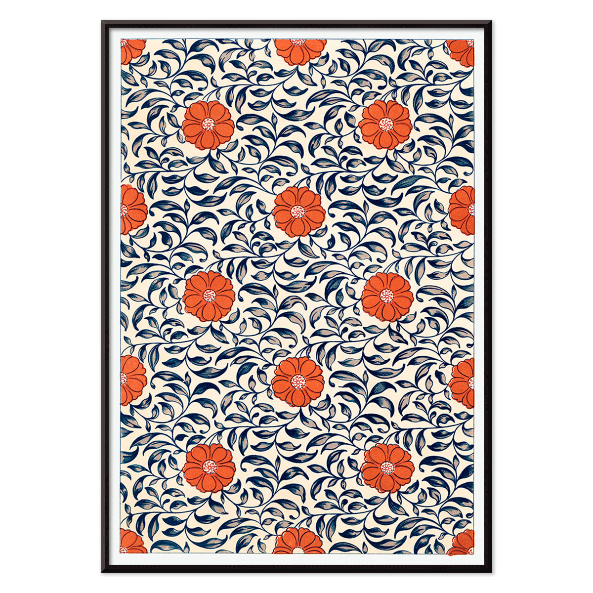 Floral pattern artwork by Owen Jones titled Flower pattern Examples of Chinese Ornament featuring red flowers and blue leaves, with black aluminium frame on white background
