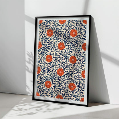 Floral pattern artwork by Owen Jones titled Flower pattern Examples of Chinese Ornament featuring red flowers and blue leaves, framed and displayed in home decor