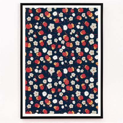 Closeup detail of Colorful floral pattern poster with white gray pink and red flowers on dark background by Charles Goy