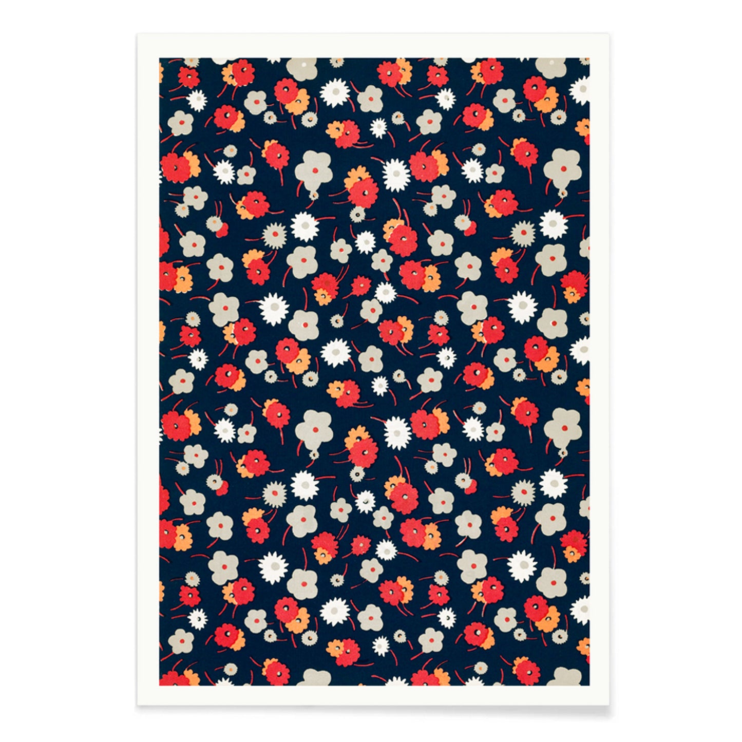 Colorful floral pattern poster with white gray pink and red flowers on dark background by Charles Goy, with black aluminium frame on white background