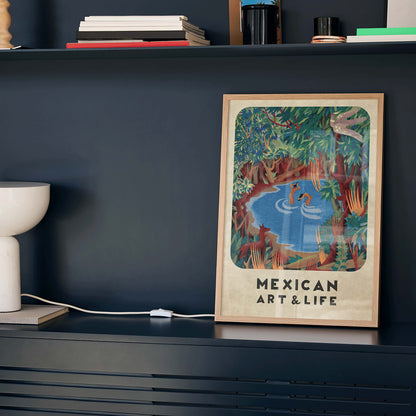 Vibrant forest scene with pond and wildlife by Carlos Merida cover art and poster from Mexican Art and Life, framed and displayed in home decor