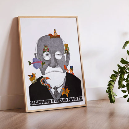 Surreal Sigmund Freud portrait and poster with colorful whimsical illustrations by Seymour Chwast, framed and displayed in home decor