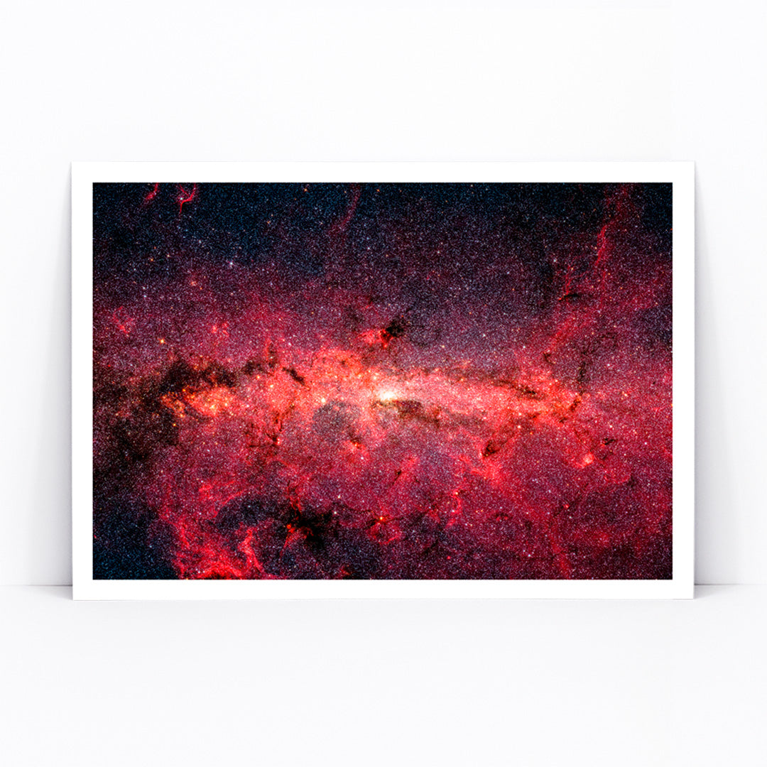 Milky Way galaxy swirling core with countless vibrant stars NASA artwork Hundreds of thousands of stars poster, framed and displayed in modern living room decor