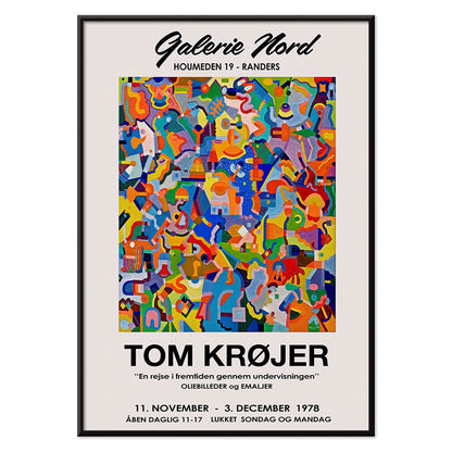 Colorful abstract artwork exhibition poster by Tom Krojer titled En rejse i fremtiden gennem undervisningen at Galerie Nord featuring bold geometric shapes, with black aluminium frame on white background