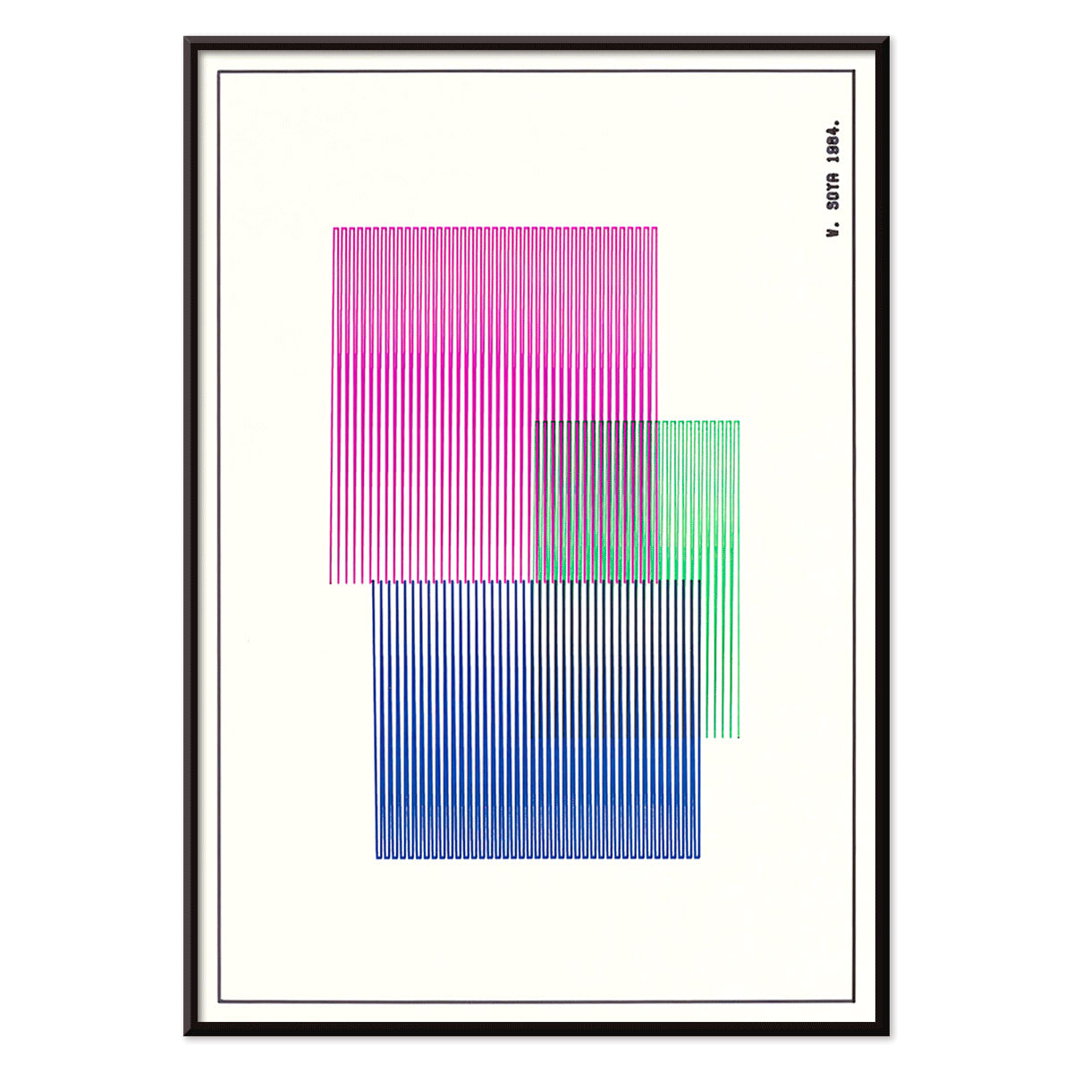 Abstract geometric art poster with colorful overlapping and vertical lines in red blue and green by W Soya inspired by Red Blue Green modern decor, with black aluminium frame on white background